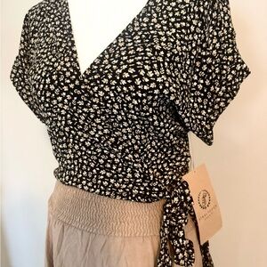 2 Pcs Outfit: Floral Wrap Top with Tan Midi Skirt - Small NWT